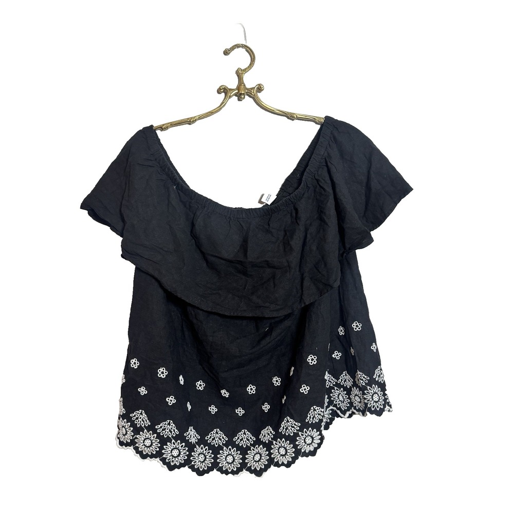Old Navy XL Embroidered Off The Shoulder Linen Blouse Black White‎ Eyelet